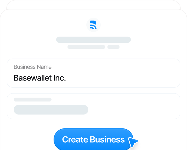 Create Business: Basewallet signup with business name Basewallet Inc. and Create Business button.