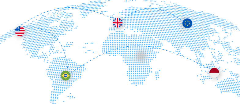 Stylized dotted world map with flag markers and arcs showing international payment connectivity.